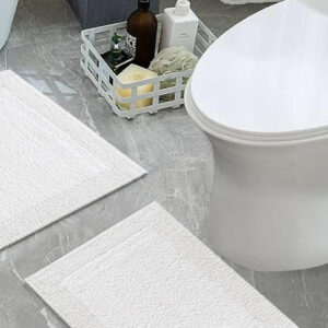 Bathroom Rugs Set of 2 Pieces,Bath Room Rugs,Cotton Bath Mat Reversible, Soft Hotel Bathroom Floor Rug - Plush, Absorbent Bathmat for Outside Bathtub/Shower, Machine Washable (17x24+21x34) Off White