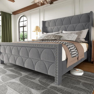 King Size Bed Frame with 56" Headboard - 1000LBS Capacity Support, Velvet Upholstered Wingback Platform Bed Frame, Noise Free, Sturdy Wooden Slat Support