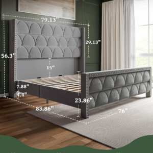 King Size Bed Frame with 56" Headboard - 1000LBS Capacity Support, Velvet Upholstered Wingback Platform Bed Frame, Noise Free, Sturdy Wooden Slat Support