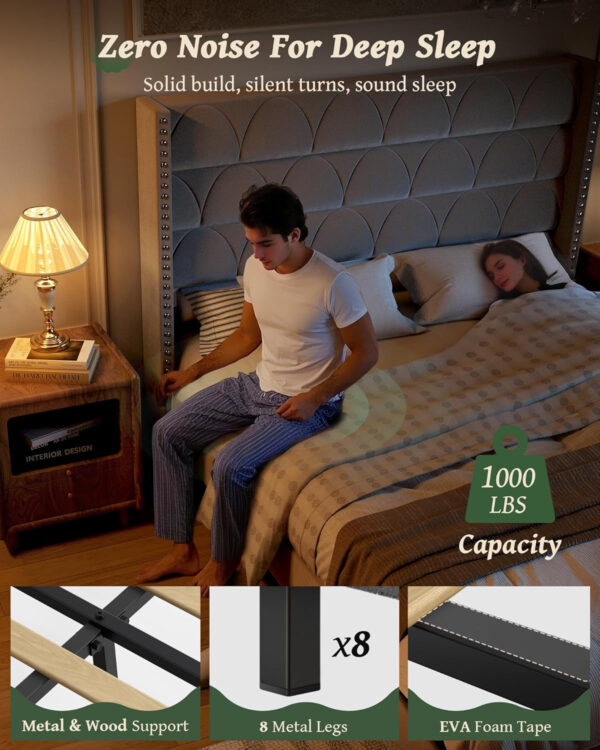 King Size Bed Frame with 56" Headboard - 1000LBS Capacity Support, Velvet Upholstered Wingback Platform Bed Frame, Noise Free, Sturdy Wooden Slat Support