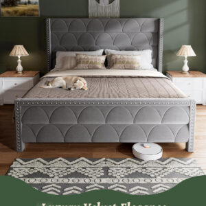 King Size Bed Frame with 56" Headboard - 1000LBS Capacity Support, Velvet Upholstered Wingback Platform Bed Frame, Noise Free, Sturdy Wooden Slat Support