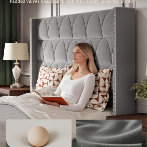 King Size Bed Frame with 56" Headboard - 1000LBS Capacity Support, Velvet Upholstered Wingback Platform Bed Frame, Noise Free, Sturdy Wooden Slat Support