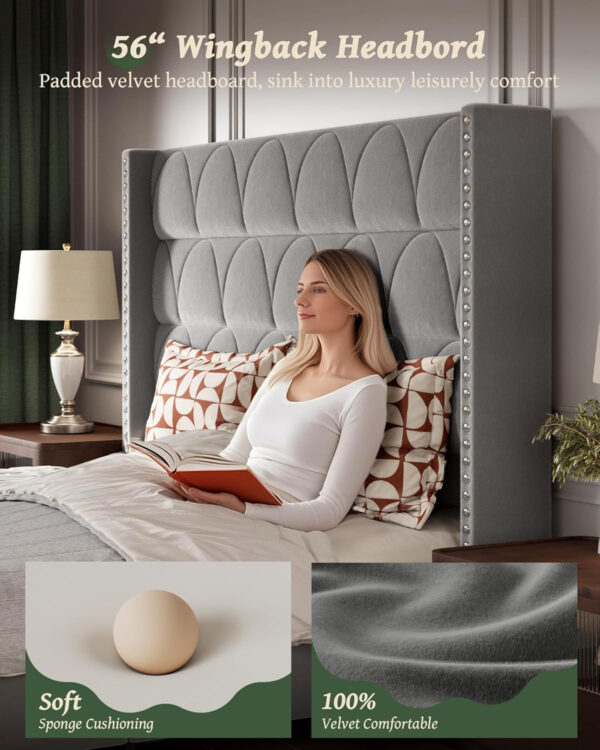 King Size Bed Frame with 56" Headboard - 1000LBS Capacity Support, Velvet Upholstered Wingback Platform Bed Frame, Noise Free, Sturdy Wooden Slat Support