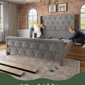 King Size Bed Frame with 56" Headboard - 1000LBS Capacity Support, Velvet Upholstered Wingback Platform Bed Frame, Noise Free, Sturdy Wooden Slat Support