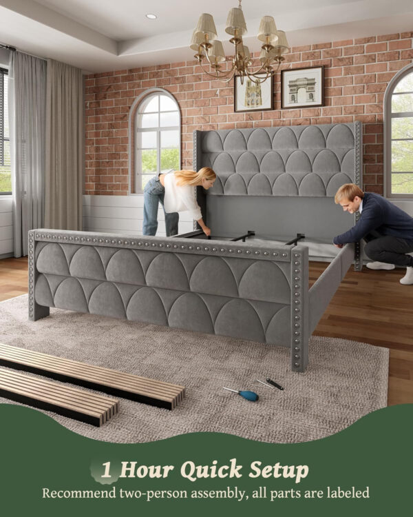 King Size Bed Frame with 56" Headboard - 1000LBS Capacity Support, Velvet Upholstered Wingback Platform Bed Frame, Noise Free, Sturdy Wooden Slat Support
