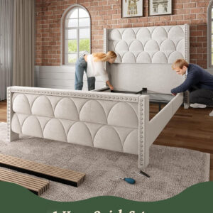 King Size Bed Frame with 56" Headboard - 1000LBS Capacity Support, Velvet Upholstered Wingback Platform Bed Frame, Noise Free, Sturdy Wooden Slat Support
