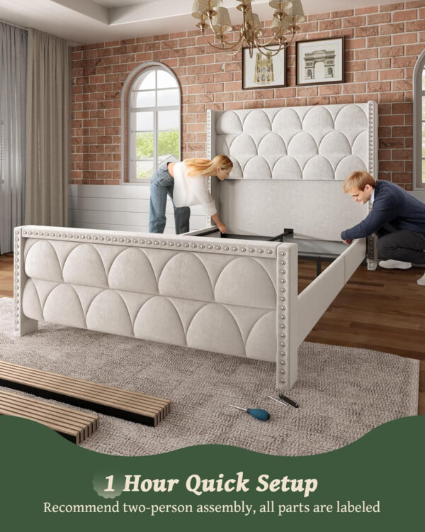 King Size Bed Frame with 56" Headboard - 1000LBS Capacity Support, Velvet Upholstered Wingback Platform Bed Frame, Noise Free, Sturdy Wooden Slat Support