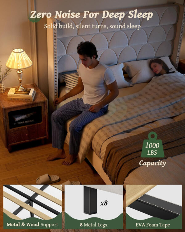 King Size Bed Frame with 56" Headboard - 1000LBS Capacity Support, Velvet Upholstered Wingback Platform Bed Frame, Noise Free, Sturdy Wooden Slat Support