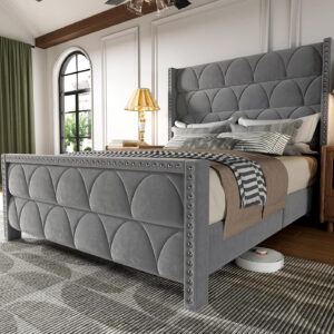 King Size Bed Frame with 56" Headboard - 1000LBS Capacity Support, Velvet Upholstered Wingback Platform Bed Frame, Noise Free, Sturdy Wooden Slat Support