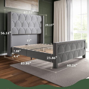 King Size Bed Frame with 56" Headboard - 1000LBS Capacity Support, Velvet Upholstered Wingback Platform Bed Frame, Noise Free, Sturdy Wooden Slat Support