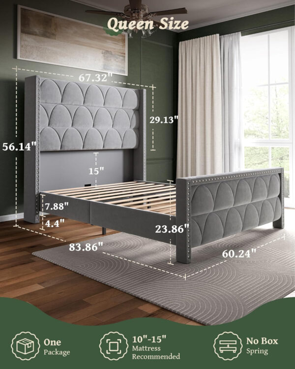 King Size Bed Frame with 56" Headboard - 1000LBS Capacity Support, Velvet Upholstered Wingback Platform Bed Frame, Noise Free, Sturdy Wooden Slat Support