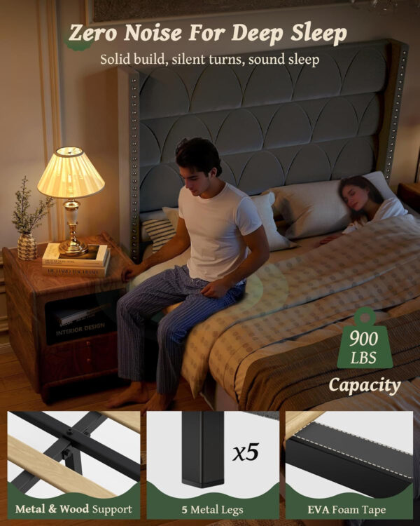 King Size Bed Frame with 56" Headboard - 1000LBS Capacity Support, Velvet Upholstered Wingback Platform Bed Frame, Noise Free, Sturdy Wooden Slat Support