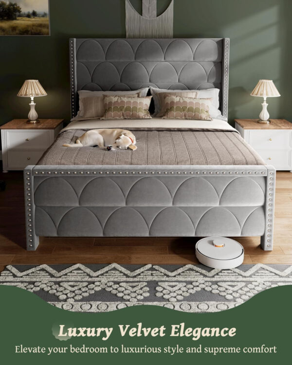 King Size Bed Frame with 56" Headboard - 1000LBS Capacity Support, Velvet Upholstered Wingback Platform Bed Frame, Noise Free, Sturdy Wooden Slat Support