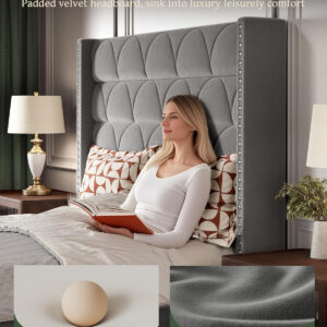 King Size Bed Frame with 56" Headboard - 1000LBS Capacity Support, Velvet Upholstered Wingback Platform Bed Frame, Noise Free, Sturdy Wooden Slat Support