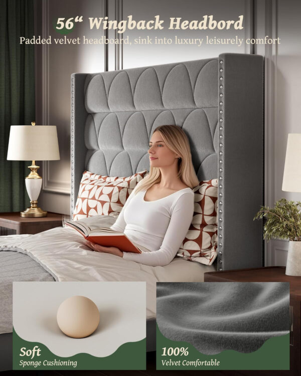 King Size Bed Frame with 56" Headboard - 1000LBS Capacity Support, Velvet Upholstered Wingback Platform Bed Frame, Noise Free, Sturdy Wooden Slat Support