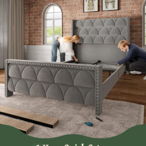 King Size Bed Frame with 56" Headboard - 1000LBS Capacity Support, Velvet Upholstered Wingback Platform Bed Frame, Noise Free, Sturdy Wooden Slat Support