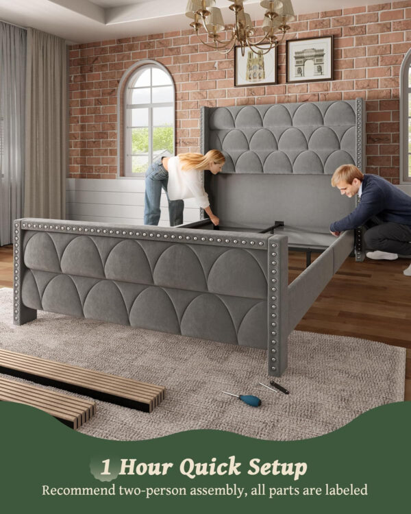 King Size Bed Frame with 56" Headboard - 1000LBS Capacity Support, Velvet Upholstered Wingback Platform Bed Frame, Noise Free, Sturdy Wooden Slat Support