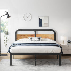 ZIYOO King Size Metal Bed Frame with Solid Wooden Headboard, Country Style Bed Platform, 14 Inch High Heavy Duty Steel Slats Support, No Box Spring Needed, Easy Assembly