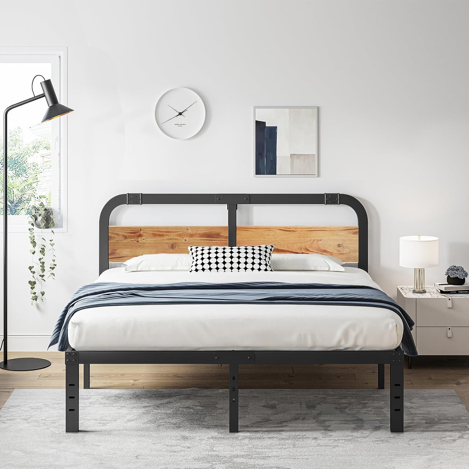 ZIYOO King Size Metal Bed Frame with Solid Wooden Headboard, Country Style Bed Platform, 14 Inch High Heavy Duty Steel Slats Support, No Box Spring Needed, Easy Assembly