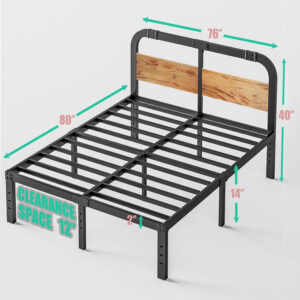 ZIYOO King Size Metal Bed Frame with Solid Wooden Headboard, Country Style Bed Platform, 14 Inch High Heavy Duty Steel Slats Support, No Box Spring Needed, Easy Assembly