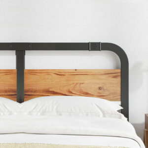 ZIYOO King Size Metal Bed Frame with Solid Wooden Headboard, Country Style Bed Platform, 14 Inch High Heavy Duty Steel Slats Support, No Box Spring Needed, Easy Assembly