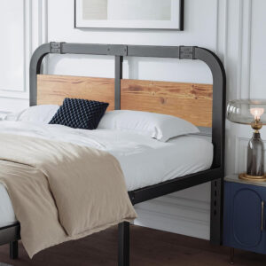 ZIYOO King Size Metal Bed Frame with Solid Wooden Headboard, Country Style Bed Platform, 14 Inch High Heavy Duty Steel Slats Support, No Box Spring Needed, Easy Assembly