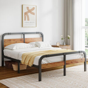 ZIYOO King Size Metal Bed Frame with Solid Wooden Headboard, Country Style Bed Platform, 14 Inch High Heavy Duty Steel Slats Support, No Box Spring Needed, Easy Assembly