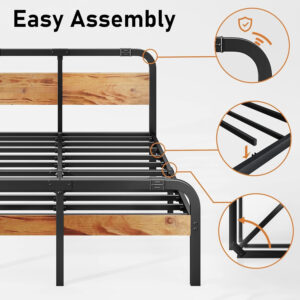ZIYOO King Size Metal Bed Frame with Solid Wooden Headboard, Country Style Bed Platform, 14 Inch High Heavy Duty Steel Slats Support, No Box Spring Needed, Easy Assembly