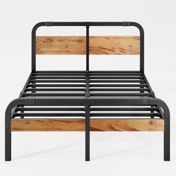 ZIYOO King Size Metal Bed Frame with Solid Wooden Headboard, Country Style Bed Platform, 14 Inch High Heavy Duty Steel Slats Support, No Box Spring Needed, Easy Assembly