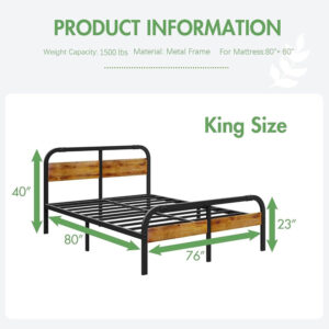 ZIYOO King Size Metal Bed Frame with Solid Wooden Headboard, Country Style Bed Platform, 14 Inch High Heavy Duty Steel Slats Support, No Box Spring Needed, Easy Assembly
