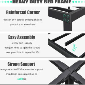 ZIYOO King Size Metal Bed Frame with Solid Wooden Headboard, Country Style Bed Platform, 14 Inch High Heavy Duty Steel Slats Support, No Box Spring Needed, Easy Assembly