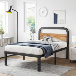 ZIYOO King Size Metal Bed Frame with Solid Wooden Headboard, Country Style Bed Platform, 14 Inch High Heavy Duty Steel Slats Support, No Box Spring Needed, Easy Assembly