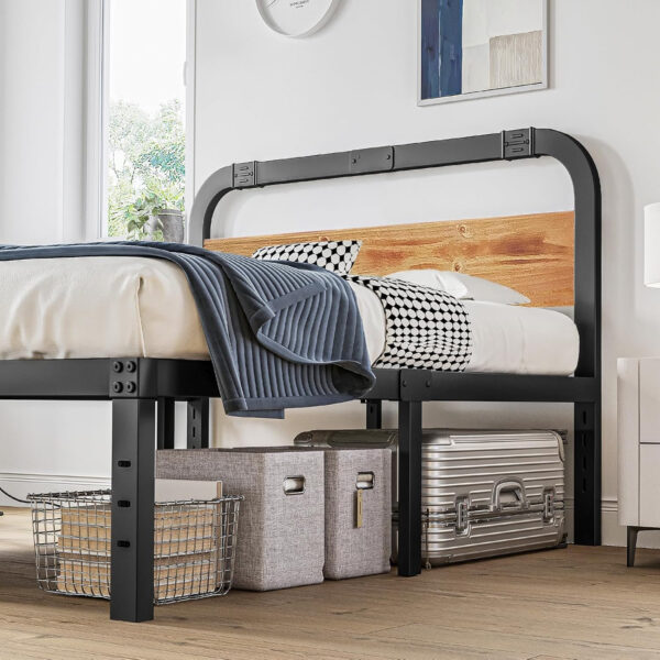 ZIYOO King Size Metal Bed Frame with Solid Wooden Headboard, Country Style Bed Platform, 14 Inch High Heavy Duty Steel Slats Support, No Box Spring Needed, Easy Assembly