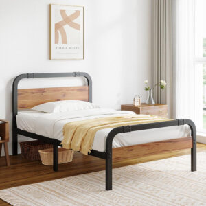 ZIYOO King Size Metal Bed Frame with Solid Wooden Headboard, Country Style Bed Platform, 14 Inch High Heavy Duty Steel Slats Support, No Box Spring Needed, Easy Assembly