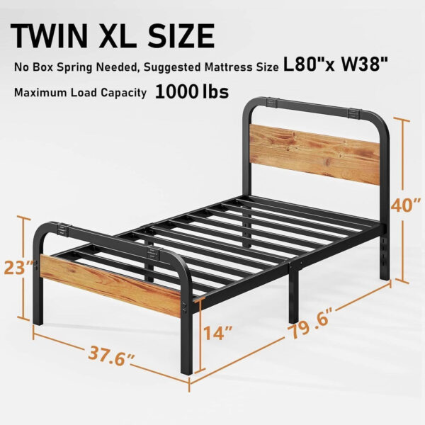 ZIYOO King Size Metal Bed Frame with Solid Wooden Headboard, Country Style Bed Platform, 14 Inch High Heavy Duty Steel Slats Support, No Box Spring Needed, Easy Assembly
