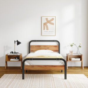 ZIYOO King Size Metal Bed Frame with Solid Wooden Headboard, Country Style Bed Platform, 14 Inch High Heavy Duty Steel Slats Support, No Box Spring Needed, Easy Assembly