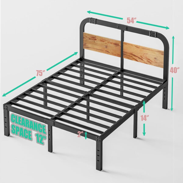 ZIYOO King Size Metal Bed Frame with Solid Wooden Headboard, Country Style Bed Platform, 14 Inch High Heavy Duty Steel Slats Support, No Box Spring Needed, Easy Assembly