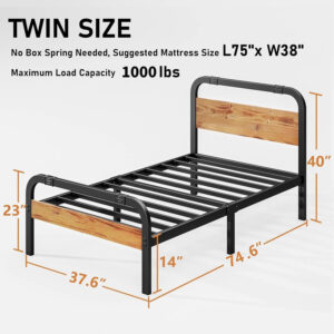 ZIYOO King Size Metal Bed Frame with Solid Wooden Headboard, Country Style Bed Platform, 14 Inch High Heavy Duty Steel Slats Support, No Box Spring Needed, Easy Assembly