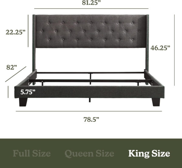 Hearth & Harbor King Bed Frame and Headboard Wingback – Linen Button-Tufted Upholstered King Size Bed Frame, Platform Bed Frame King, Modern Bedframe, Box Spring Required, Grey