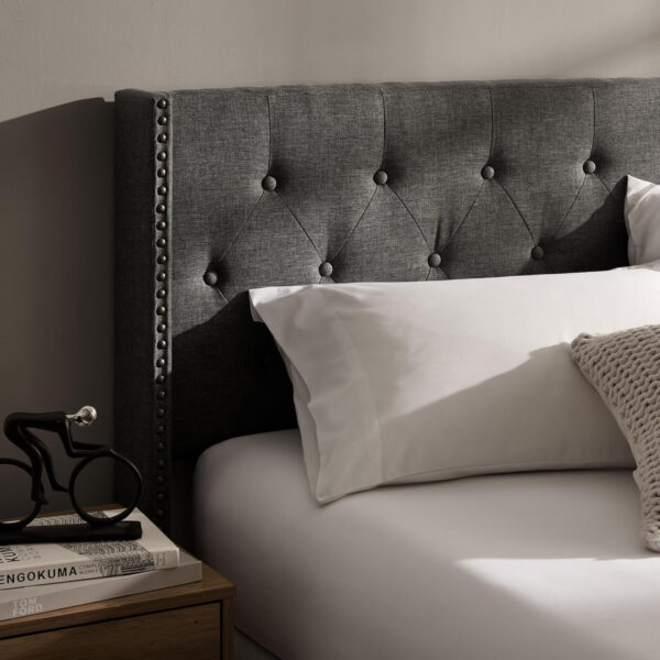 Hearth & Harbor King Bed Frame and Headboard Wingback – Linen Button-Tufted Upholstered King Size Bed Frame, Platform Bed Frame King, Modern Bedframe, Box Spring Required, Grey