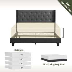 Hearth & Harbor King Bed Frame and Headboard Wingback – Linen Button-Tufted Upholstered King Size Bed Frame, Platform Bed Frame King, Modern Bedframe, Box Spring Required, Grey