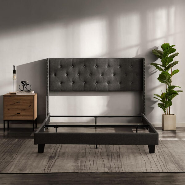 Hearth & Harbor King Bed Frame and Headboard Wingback – Linen Button-Tufted Upholstered King Size Bed Frame, Platform Bed Frame King, Modern Bedframe, Box Spring Required, Grey