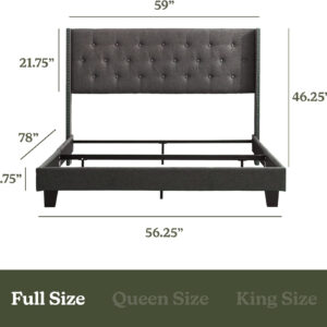 Hearth & Harbor King Bed Frame and Headboard Wingback – Linen Button-Tufted Upholstered King Size Bed Frame, Platform Bed Frame King, Modern Bedframe, Box Spring Required, Grey