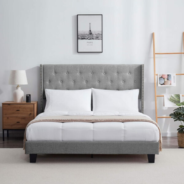 Hearth & Harbor King Bed Frame and Headboard Wingback – Linen Button-Tufted Upholstered King Size Bed Frame, Platform Bed Frame King, Modern Bedframe, Box Spring Required, Grey