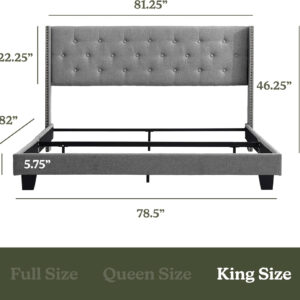 Hearth & Harbor King Bed Frame and Headboard Wingback – Linen Button-Tufted Upholstered King Size Bed Frame, Platform Bed Frame King, Modern Bedframe, Box Spring Required, Grey