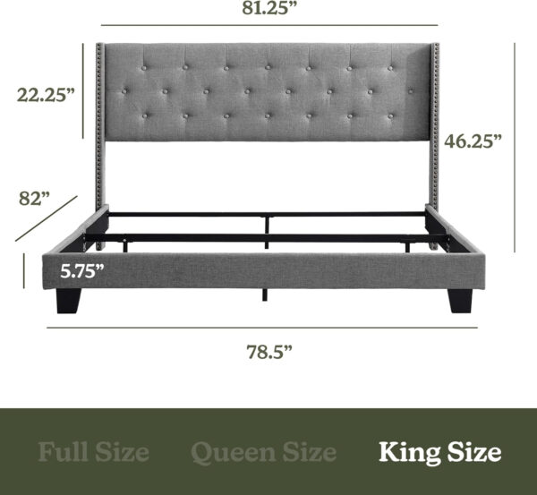 Hearth & Harbor King Bed Frame and Headboard Wingback – Linen Button-Tufted Upholstered King Size Bed Frame, Platform Bed Frame King, Modern Bedframe, Box Spring Required, Grey