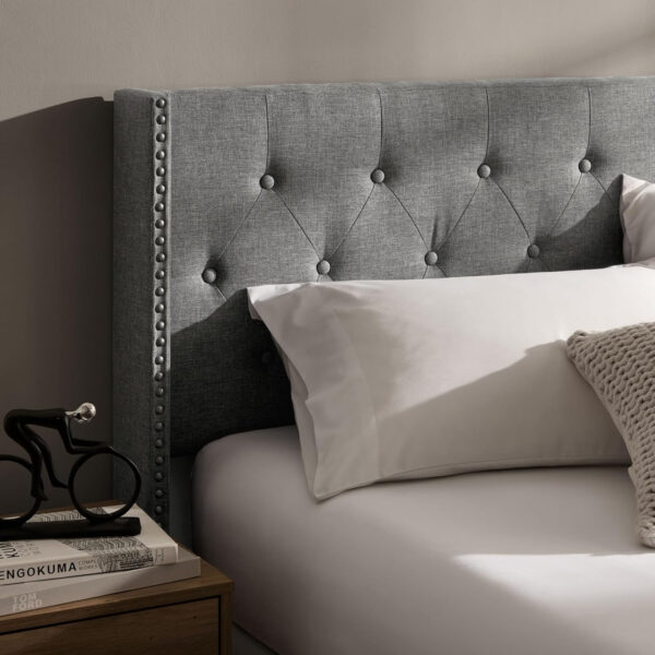 Hearth & Harbor King Bed Frame and Headboard Wingback – Linen Button-Tufted Upholstered King Size Bed Frame, Platform Bed Frame King, Modern Bedframe, Box Spring Required, Grey