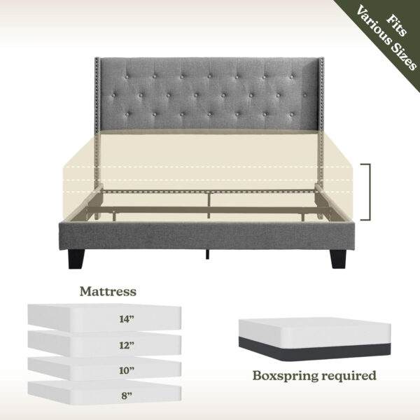 Hearth & Harbor King Bed Frame and Headboard Wingback – Linen Button-Tufted Upholstered King Size Bed Frame, Platform Bed Frame King, Modern Bedframe, Box Spring Required, Grey