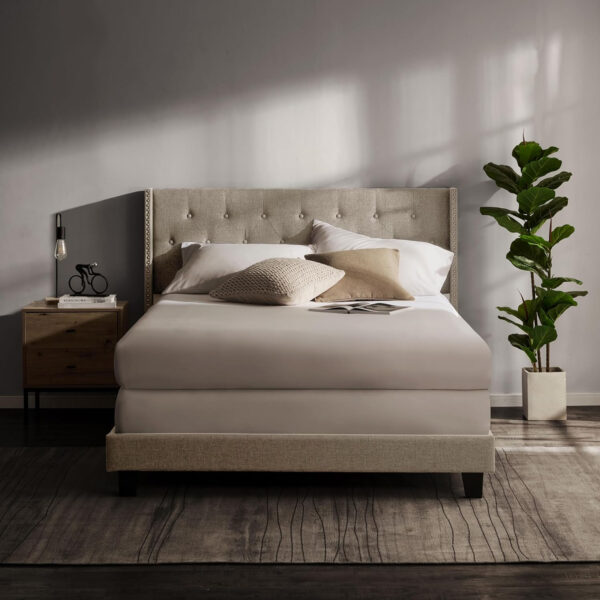 Hearth & Harbor King Bed Frame and Headboard Wingback – Linen Button-Tufted Upholstered King Size Bed Frame, Platform Bed Frame King, Modern Bedframe, Box Spring Required, Grey