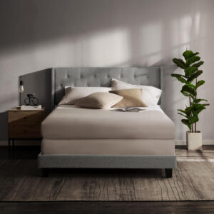 Hearth & Harbor King Bed Frame and Headboard Wingback – Linen Button-Tufted Upholstered King Size Bed Frame, Platform Bed Frame King, Modern Bedframe, Box Spring Required, Grey